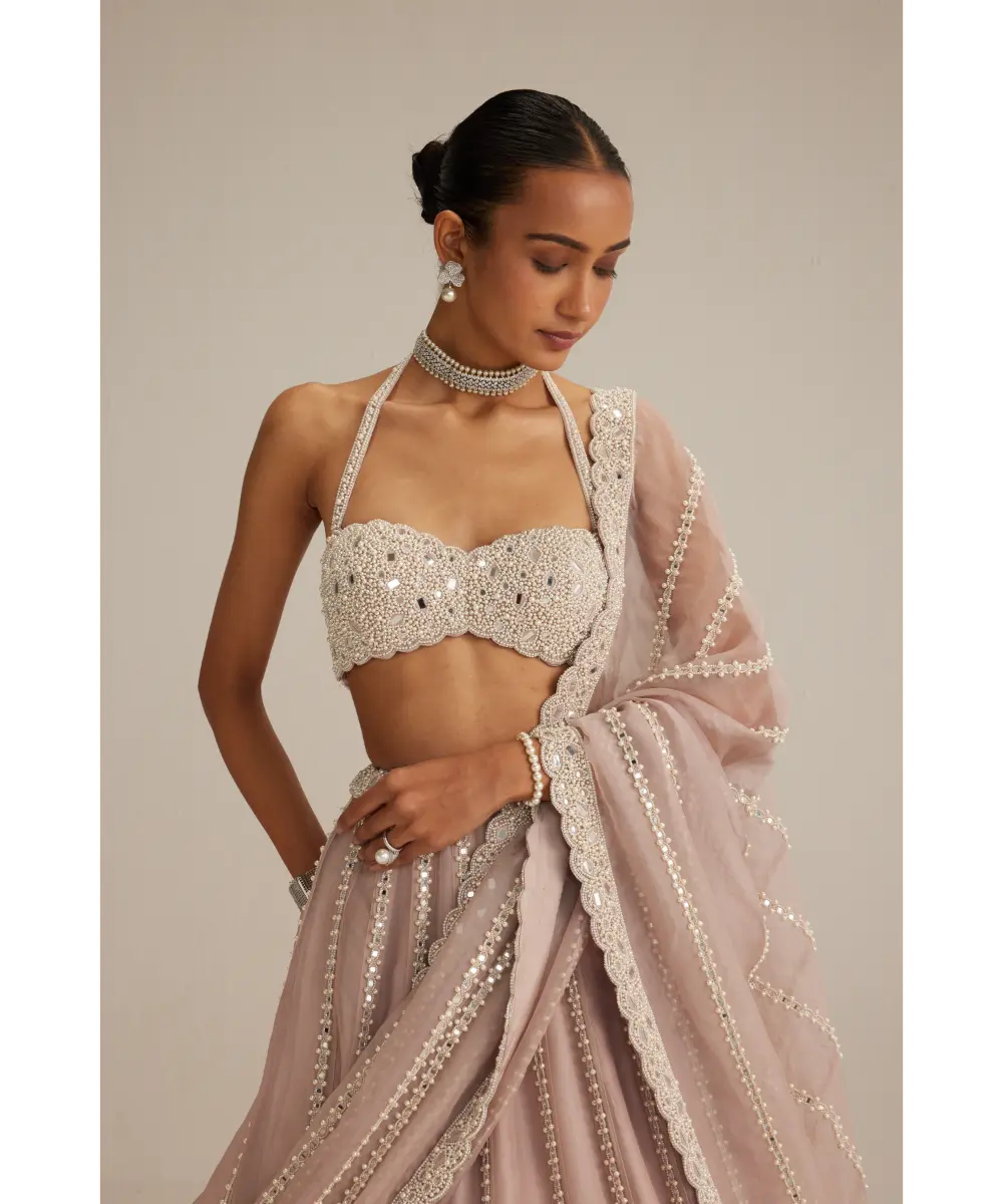 VVANI VATS- Ash Pink linear embroidered Organza Lehenga Set